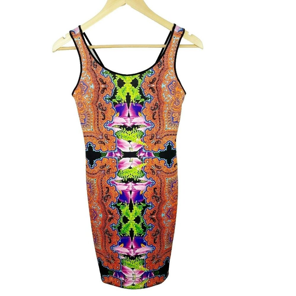 Clover Canyon Dress Orchid Trip Size Small Orange Neoprene Scuba Bodycon Sheath - Picture 3 of 7